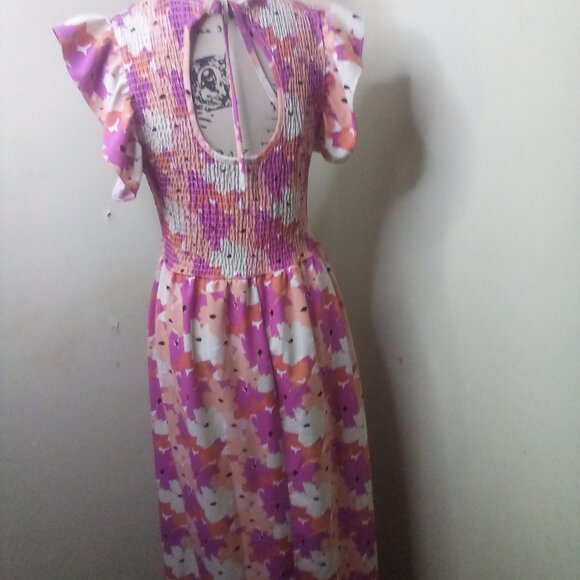 Michelle McDowell Dress Women M ? Short Ruffle Sleeve Smocked Floral Pink Orange - Picture 10 of 16